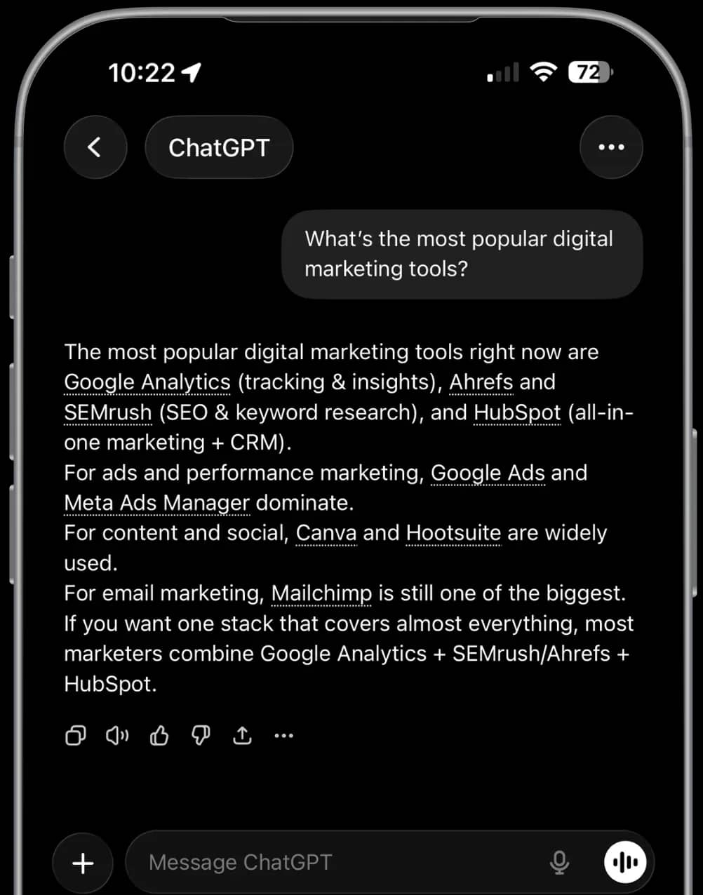 ChatGPT conversation recommending digital marketing tools