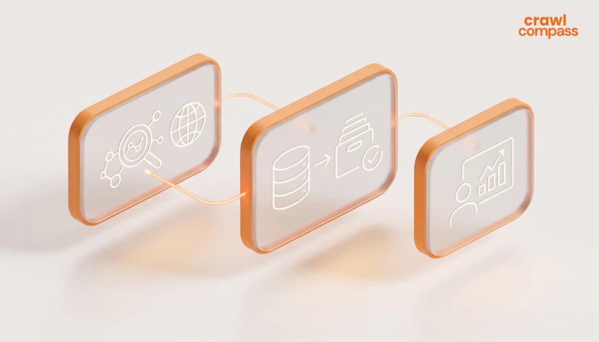 Crawl Compass 3D graphic of connected glass interface panels showing network search, database, and analytics icons.