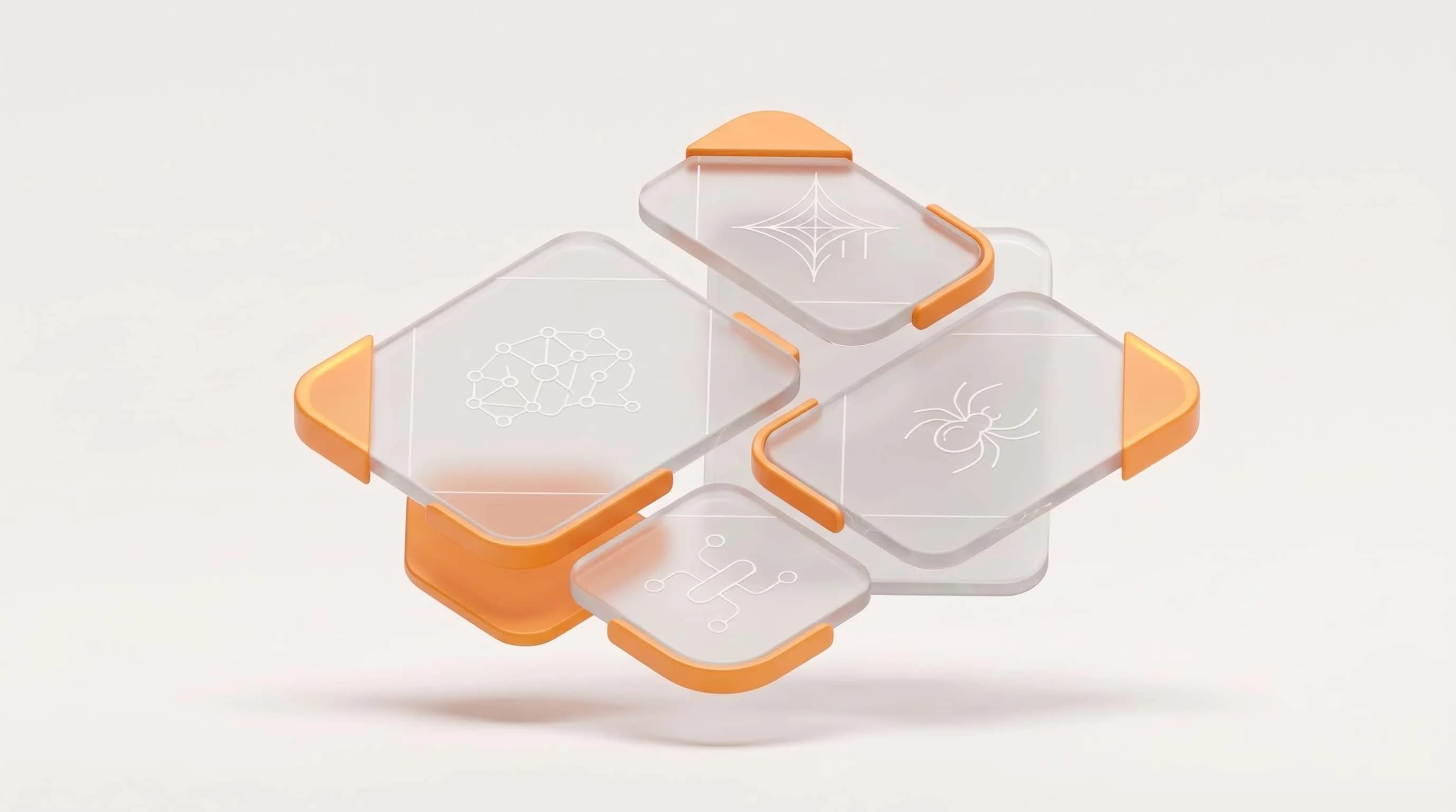 3D panel kaca transparan berwarna oranye yang menggambarkan konsep web crawling dan teknologi mesin pencari