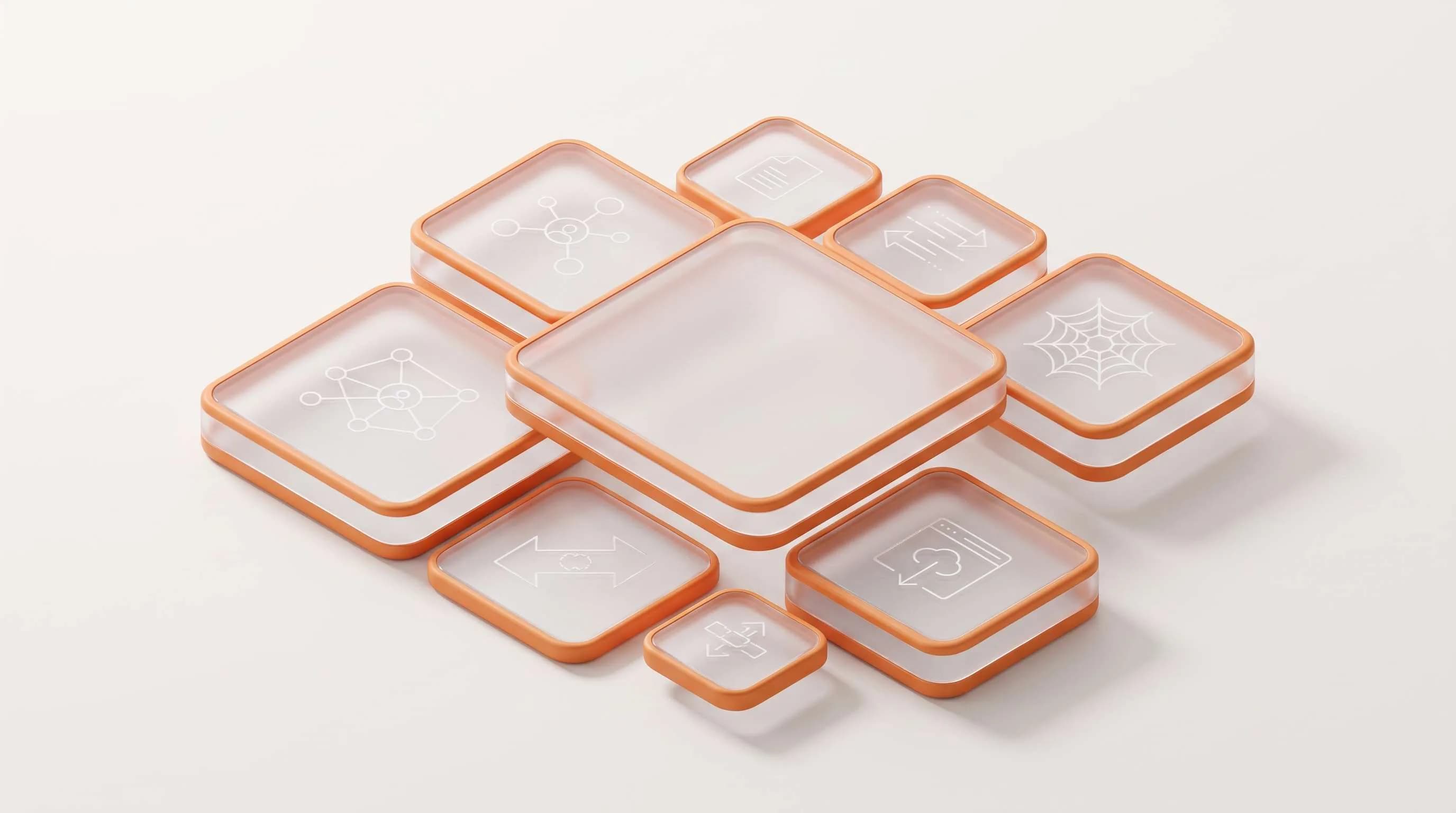 3D panel transparan berwarna oranye yang merepresentasikan sistem crawling