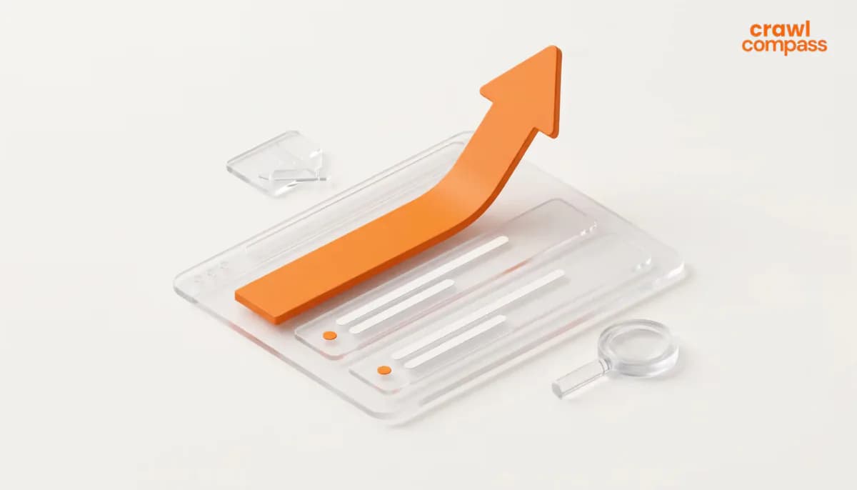 3D illustration of a solid orange growth arrow rising from a transparent glass search result page with a magnifying glass and the Crawl Compass logo.