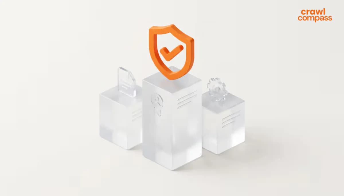 3D illustration of three transparent glass pedestals with an orange shield and checkmark icon floating on the highest center column.