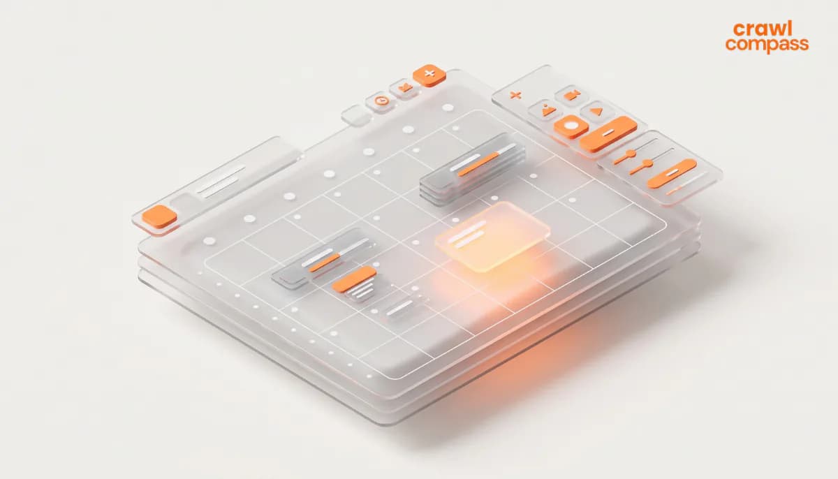 3D antarmuka digital atau dashboard bergaya modern dengan panel kaca transparan berlapis dan elemen kontrol beraksen oranye.