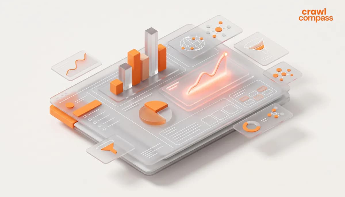 Ilustrasi 3D dashboard data dan analitik dengan grafik batang, diagram lingkaran, serta garis tren bercahaya oranye pada panel transparan