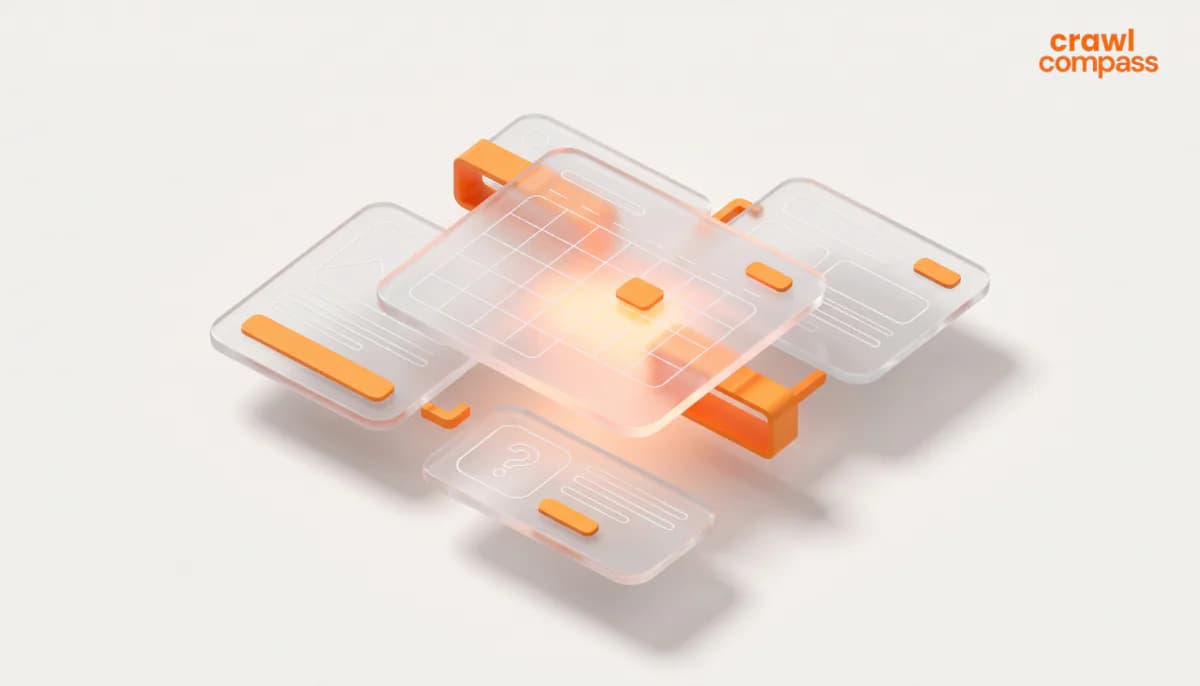 Ilustrasi 3D isometrik bergaya glassmorphism menampilkan panel kaca transparan