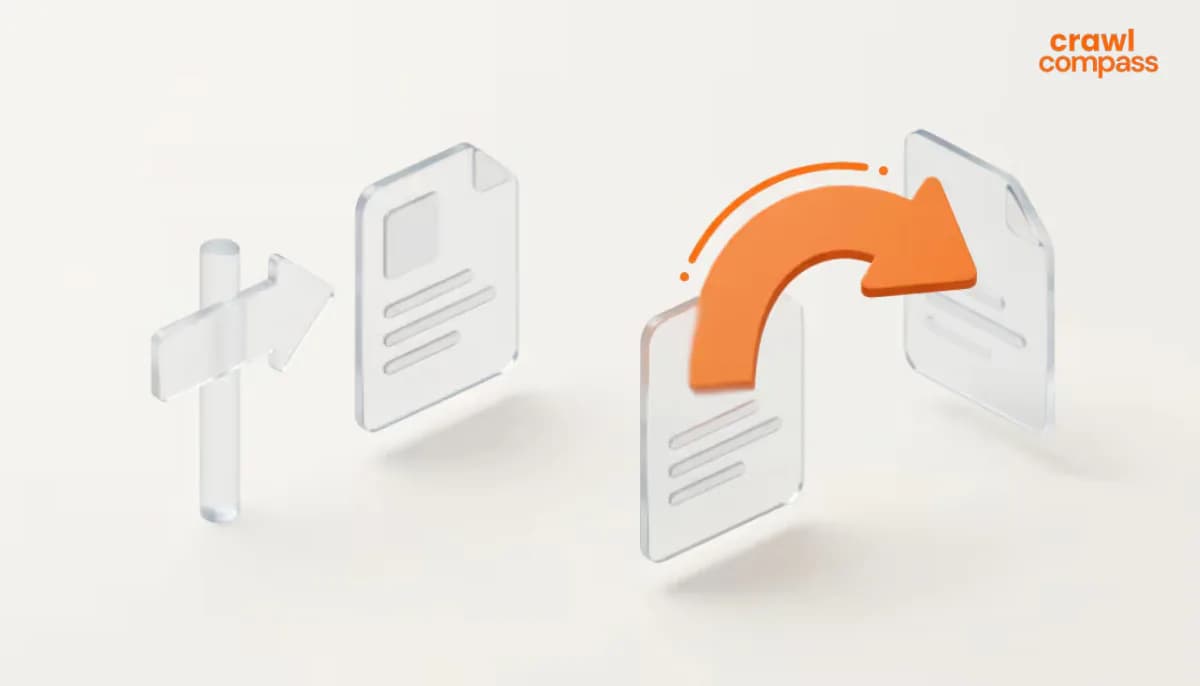 3D illustration of transparent glass document pages with a glass signpost and an orange curved redirection arrow.