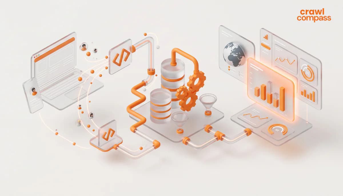  Ilustrasi 3D integrasi pemrosesan data dan analitik beraksen oranye.
