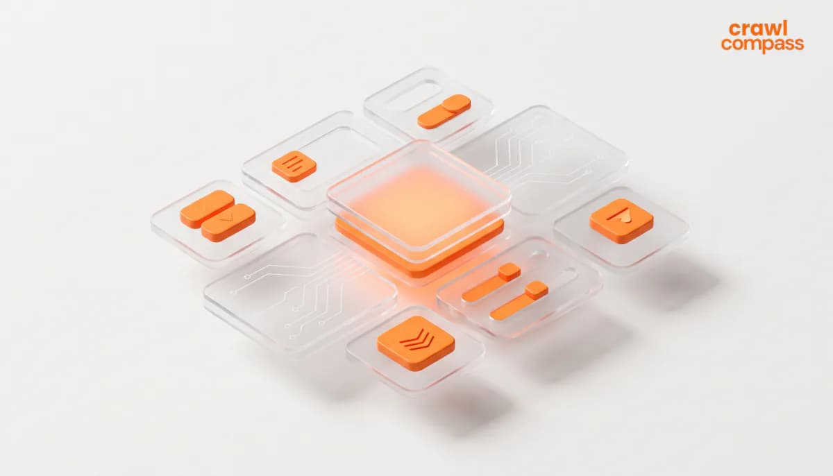 3D isometrik bergaya glassmorphism menampilkan inti bercahaya oranye