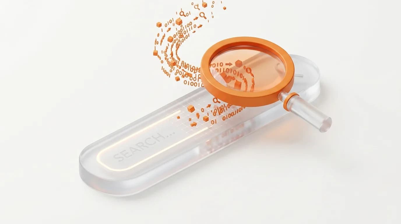 Alt Text: A minimalist 3D frosted glass search bar with a magnifying glass framed in orange passing over it, drawing in small orange data particles.