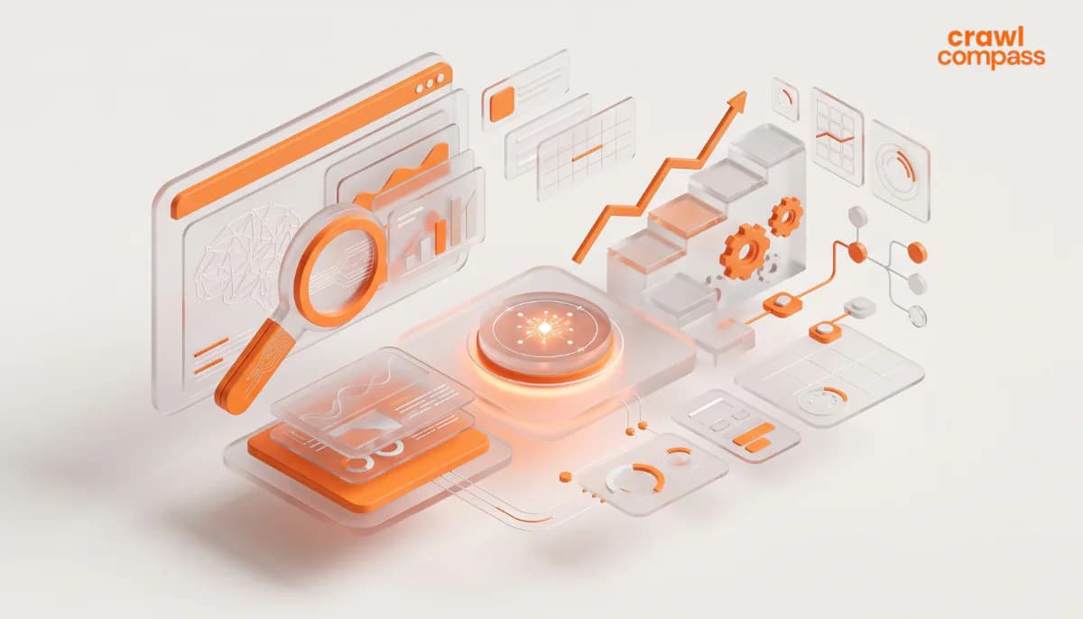 Ilustrasi 3D bertema analisis data dan pertumbuhan, menampilkan kaca pembesar, grafik tangga menanjak, dan elemen teknologi dengan aksen transparan dan oranye.