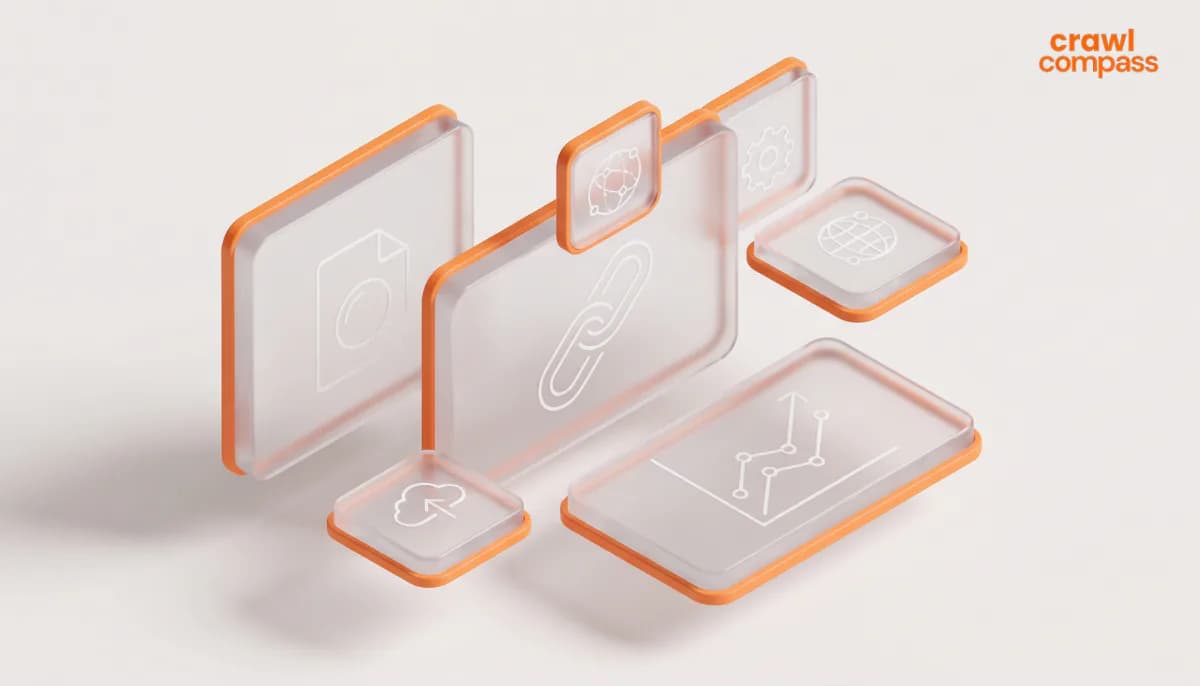 A 3D isometric graphic showing a cluster of floating, semi transparent glass tiles framed in bright orange, set against a light background.