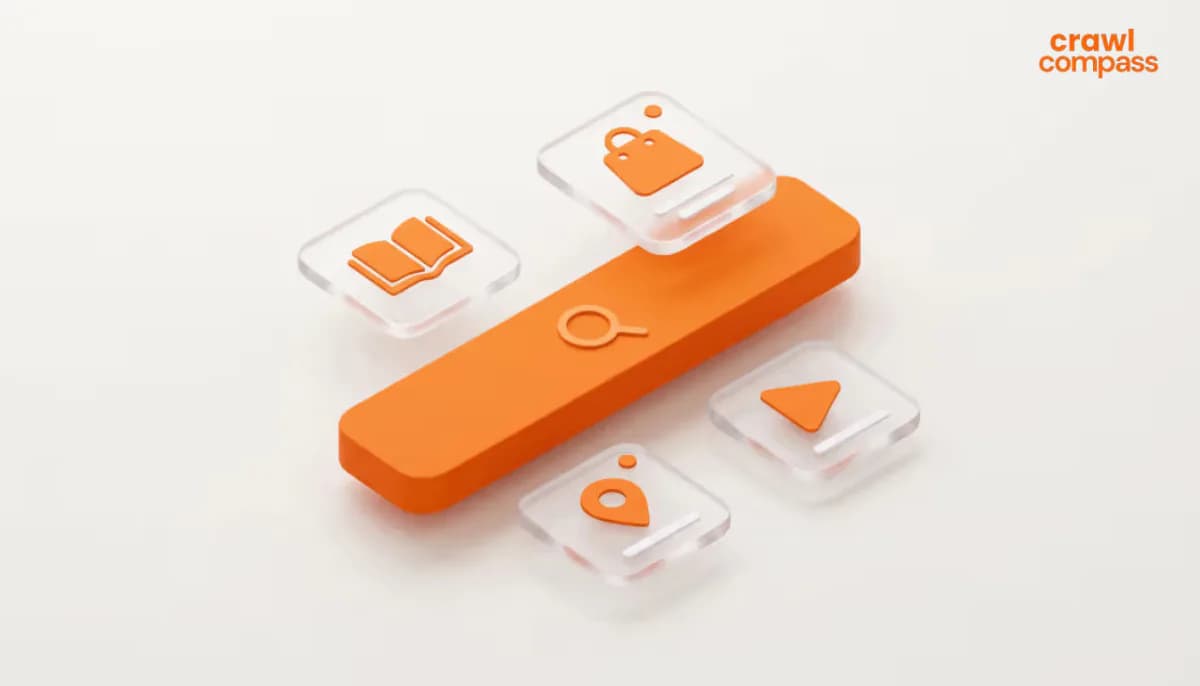 3D illustration of an orange search bar surrounded by four transparent glass cards with icons for book, shopping bag, video play, and location pin