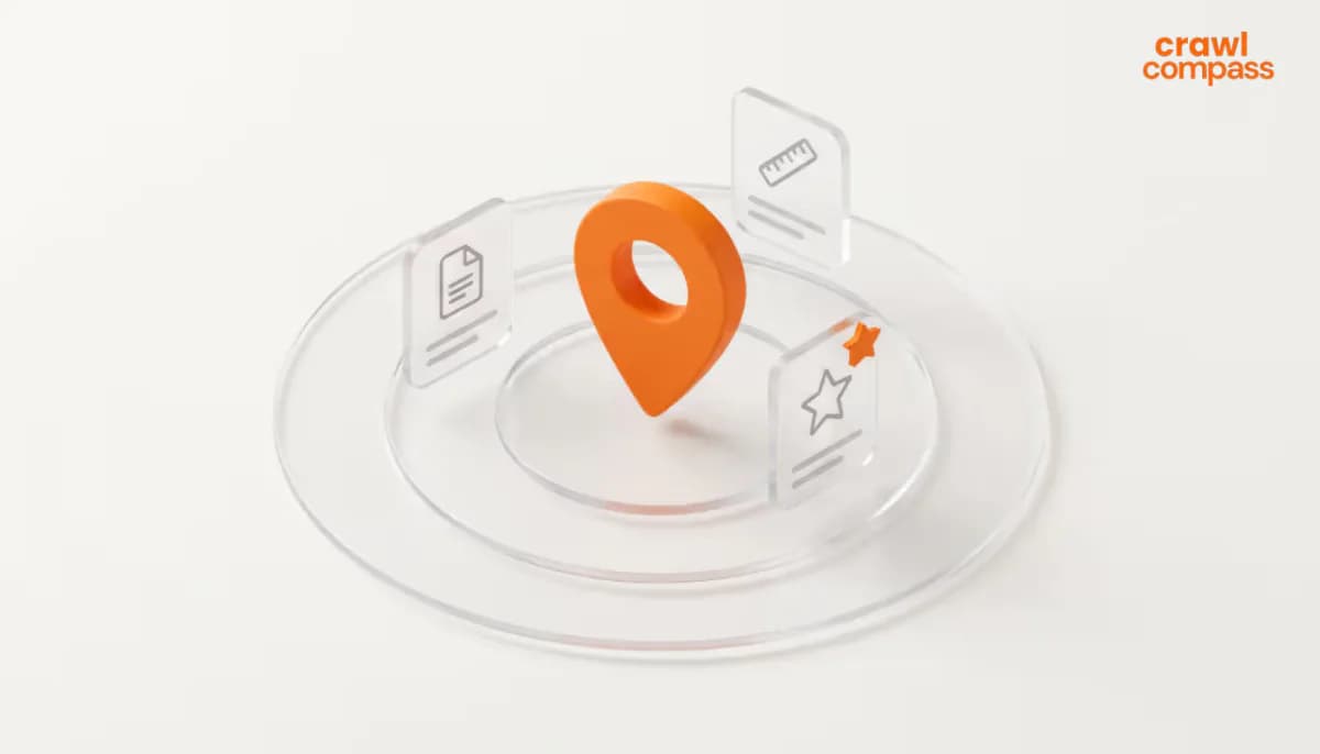 3D illustration of an orange location pin centered within concentric glass rings, surrounded by small transparent cards with document, ruler, and review star icons.