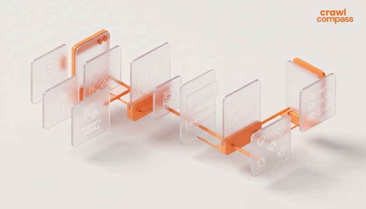 3D illustration of a series of semi-transparent glass panels featuring digital icons, connected along a central orange structure