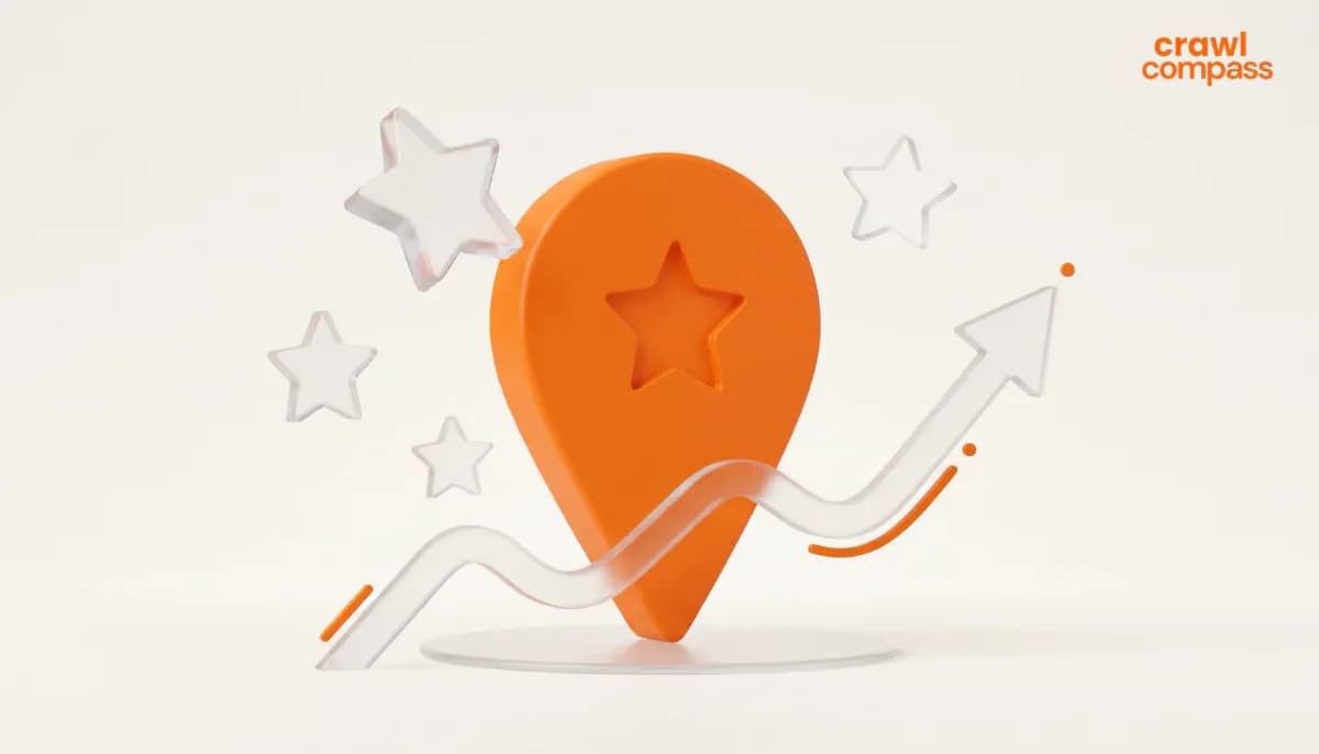 3D illustration of an orange location pin with a star cutout, surrounded by floating transparent stars and an upward-trending arrow