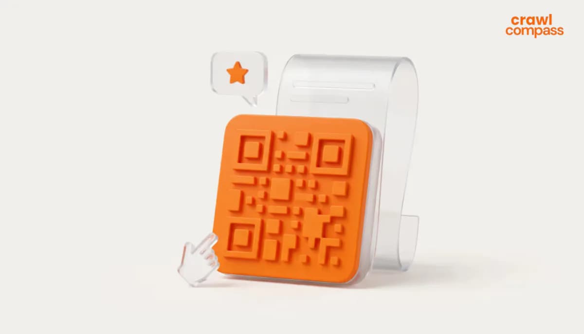 3D illustration of a large orange QR code leaning against a curved transparent document, with a floating hand cursor and a star speech bubble nearby