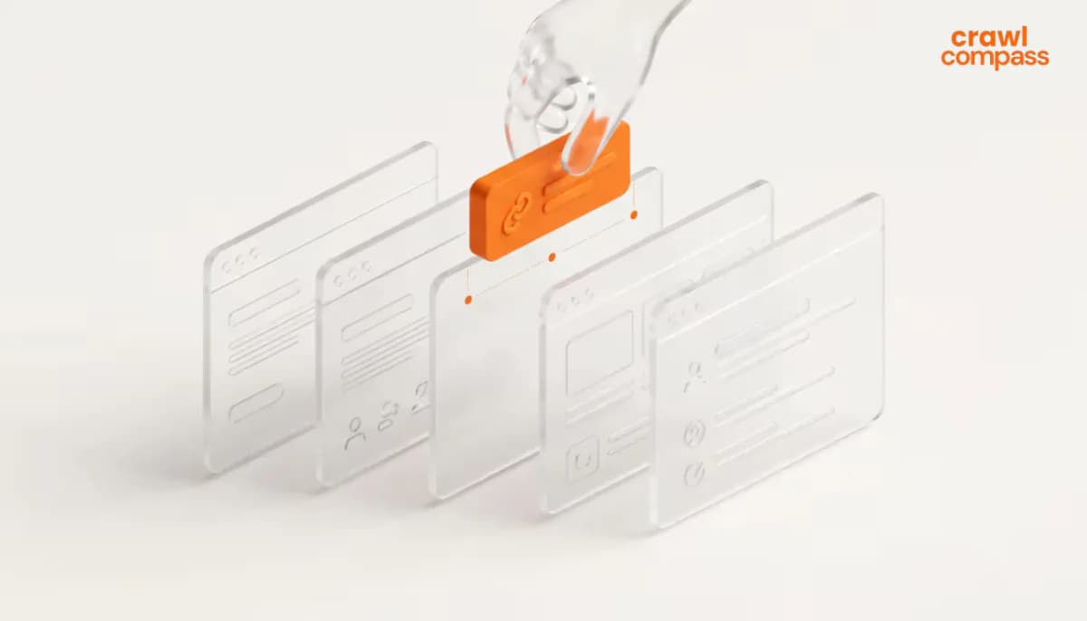 3D graphic of a glass hand placing an orange link tag on frosted glass browser windows