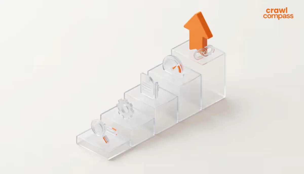 3D illustration of transparent glass stairs ascending to a large orange growth arrow, with SEO icons on each step. 