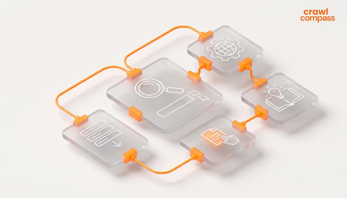 3D illustration of transparent glass tiles connected by orange cables forming a workflow diagram with SEO icons, featuring the Crawl Compass logo