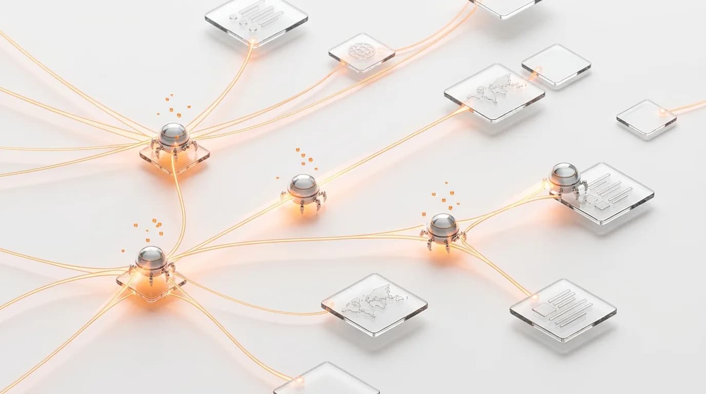 Small 3D spheres moving along a network of glowing orange threads that connect floating glass squares, symbolizing digital spiders crawling web pages.