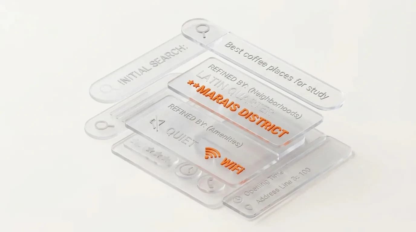 An elegant 3D minimalist tech render of a glass interface showing search query refinement, with vibrant orange highlights on specific keywords against a clean white aesthetic.