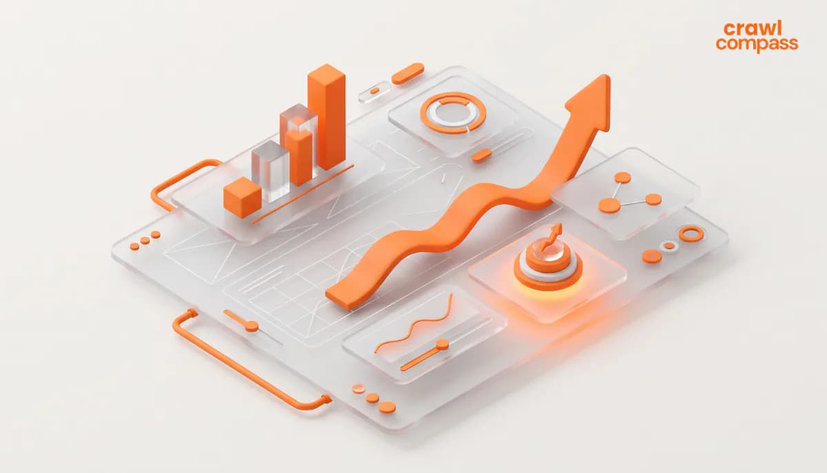 Ilustrasi 3D dashboard analitik transparan dengan grafik