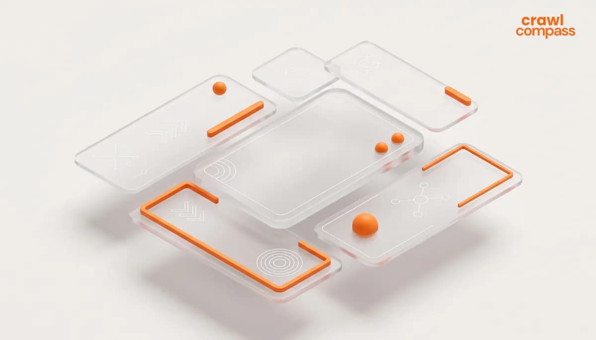 Desain abstrak panel kaca 3D dengan ikon teknologi jaringan dan bola oranye berlatar putih.