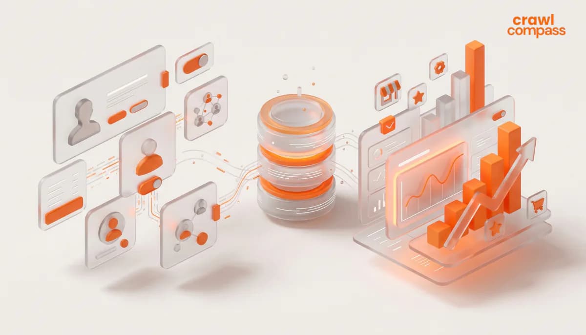 Ilustrasi 3D server basis data melayang yang terhubung dengan panel pengguna dan grafik analitik beraksen oranye.