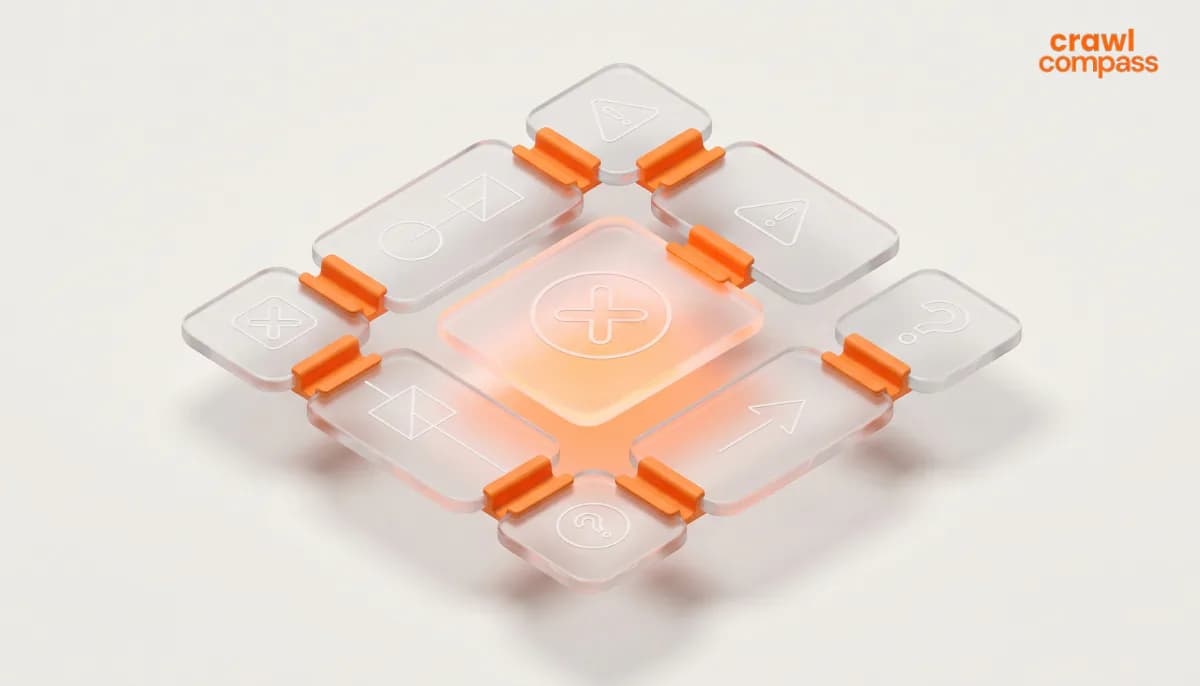3D isometrik bergaya glassmorphism yang menampilkan panel persegi pusat