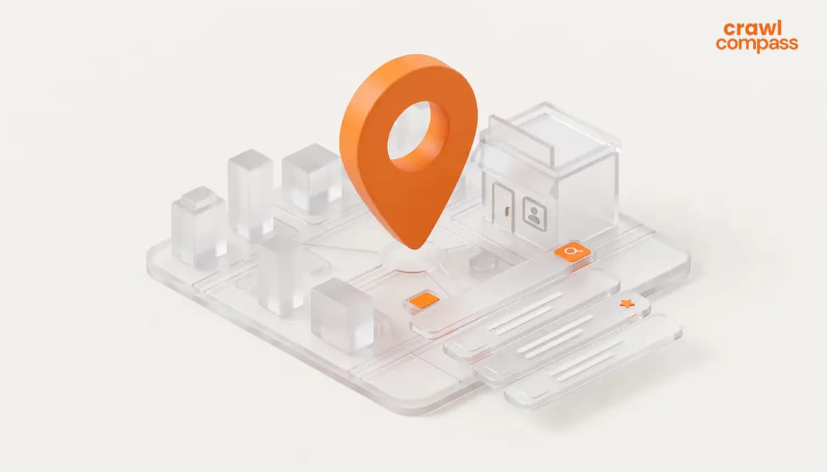 3D illustration of a large orange location pin resting on a transparent glass miniature city map with floating search interface elements.