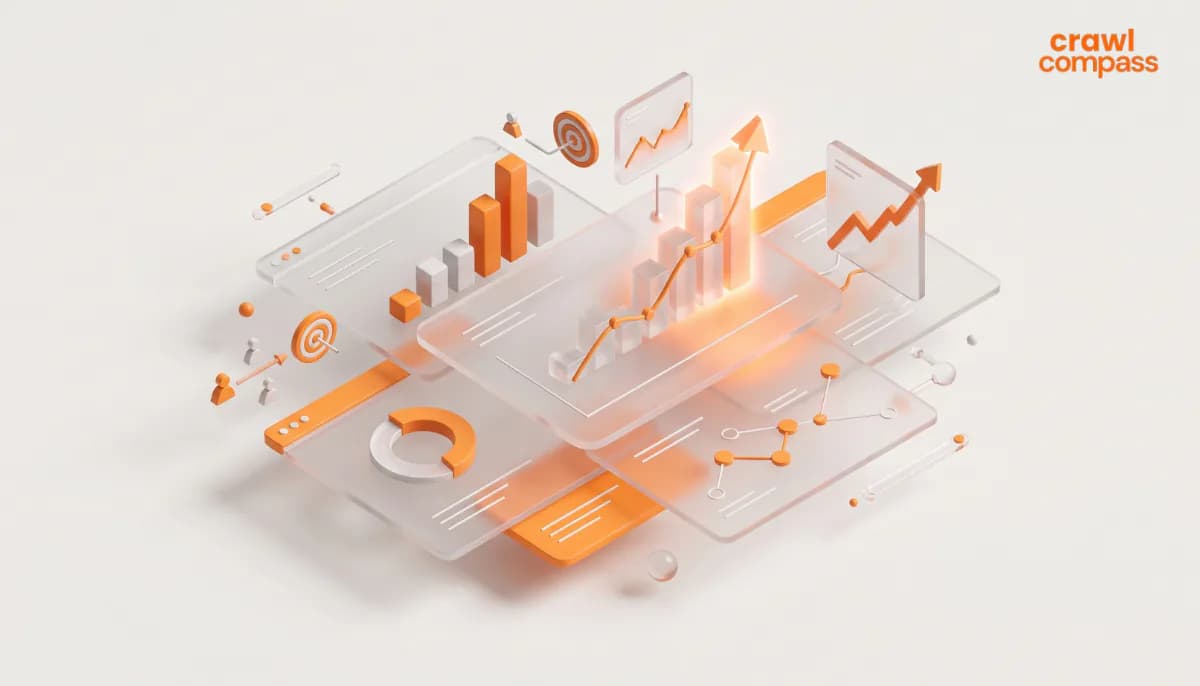 Ilustrasi 3D analitik bisnis dan grafik pertumbuhan transparan beraksen oranye.   