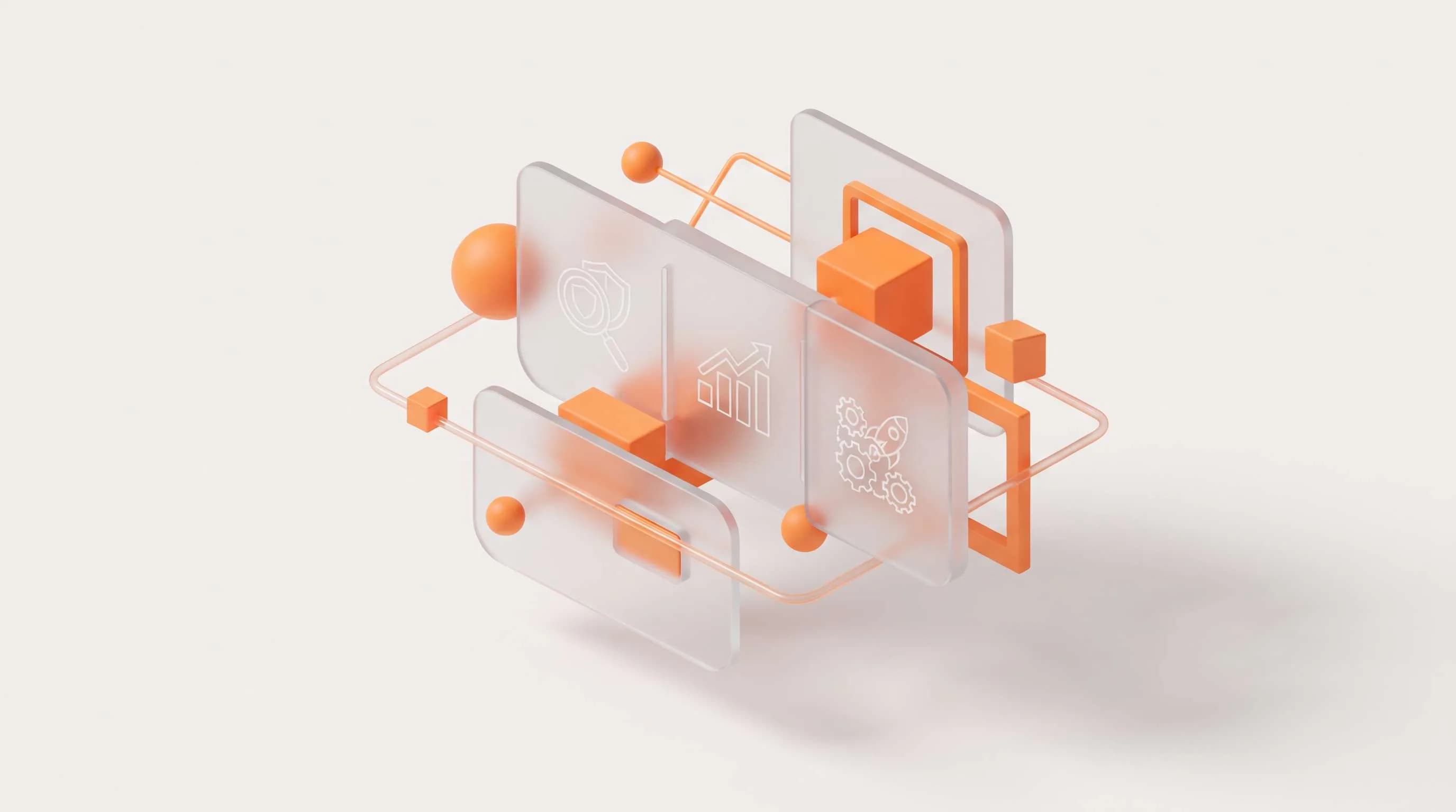 Panel kaca transparan dengan ikon digital yang melayang
