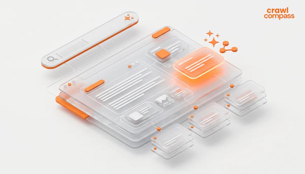 3D antarmuka digital melayang dengan desain kaca transparan, menampilkan dokumen bercahaya dan elemen web beraksen oranye.