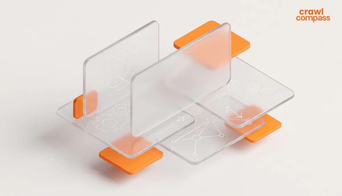 Ilustrasi konsep strategi guest post dan link building berupa diagram jaringan panel kaca 3D interaktif