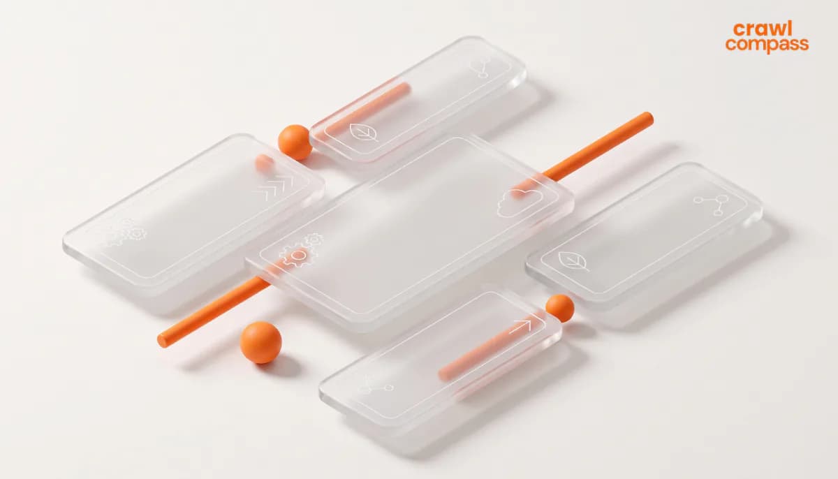 3D isometric illustration of transparent frosted glass rectangular cards intersected by orange cylindrical rods and spheres, with Crawl Compass logo.