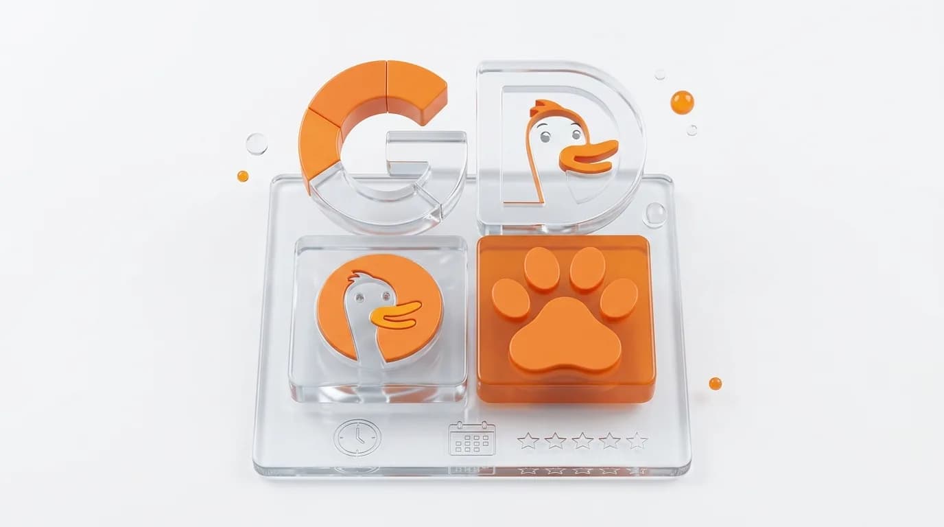 A symmetrical hero shot of minimalist 3D glass icons for various search engines, each featuring subtle orange accents on a clean white background.