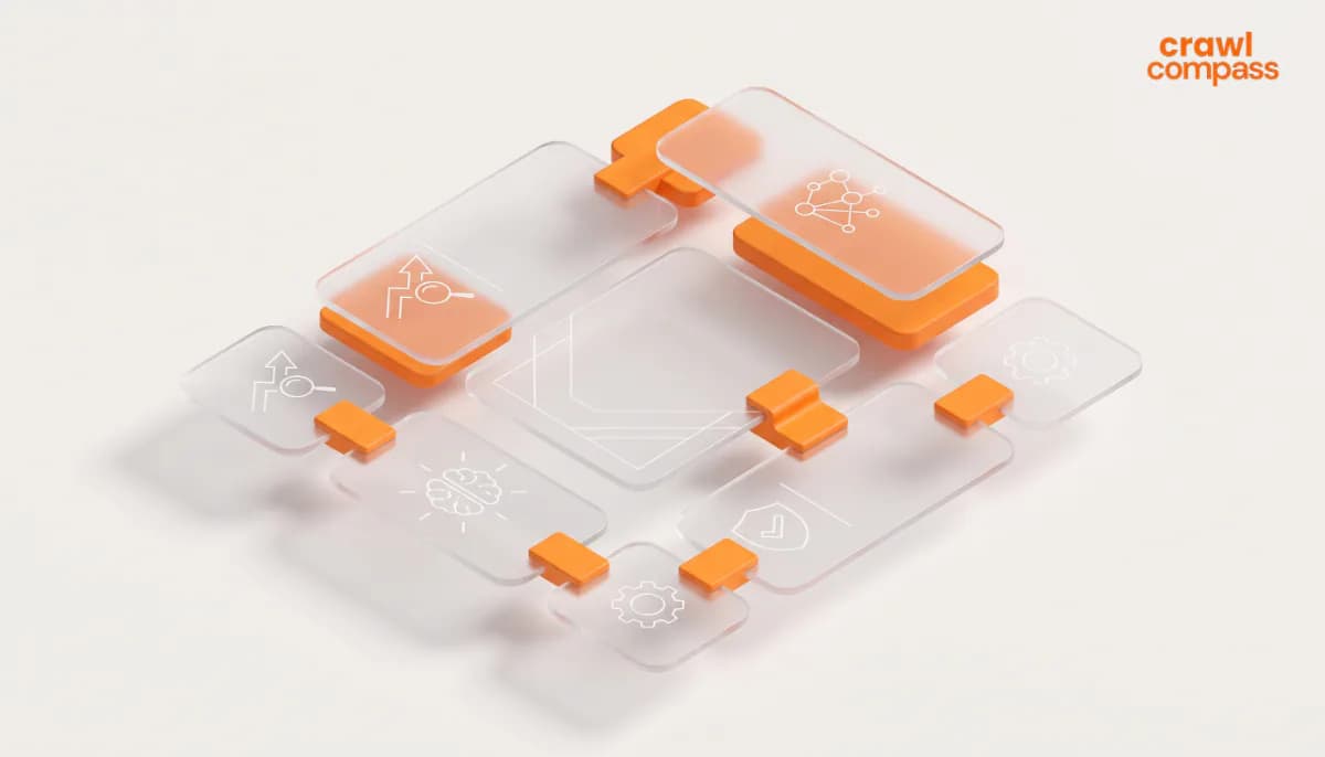 3D illustration of interconnected transparent glass panels with orange brackets displaying digital strategy icons and the Crawl Compass logo.   