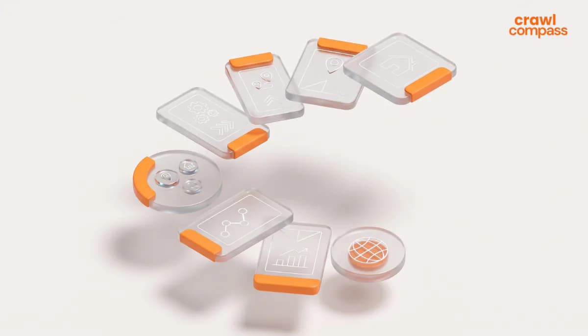 3D illustration of transparent glass tiles with orange accents arranged in a circular arc, displaying digital marketing icons