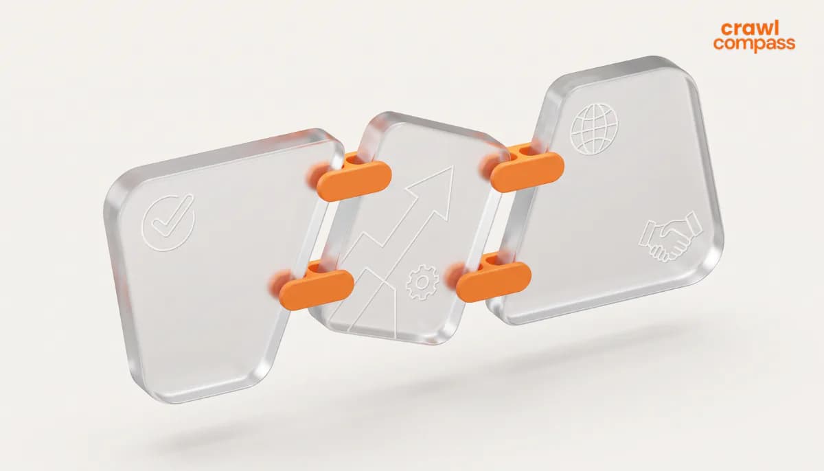 Interconnected transparent devices representing digital technology.