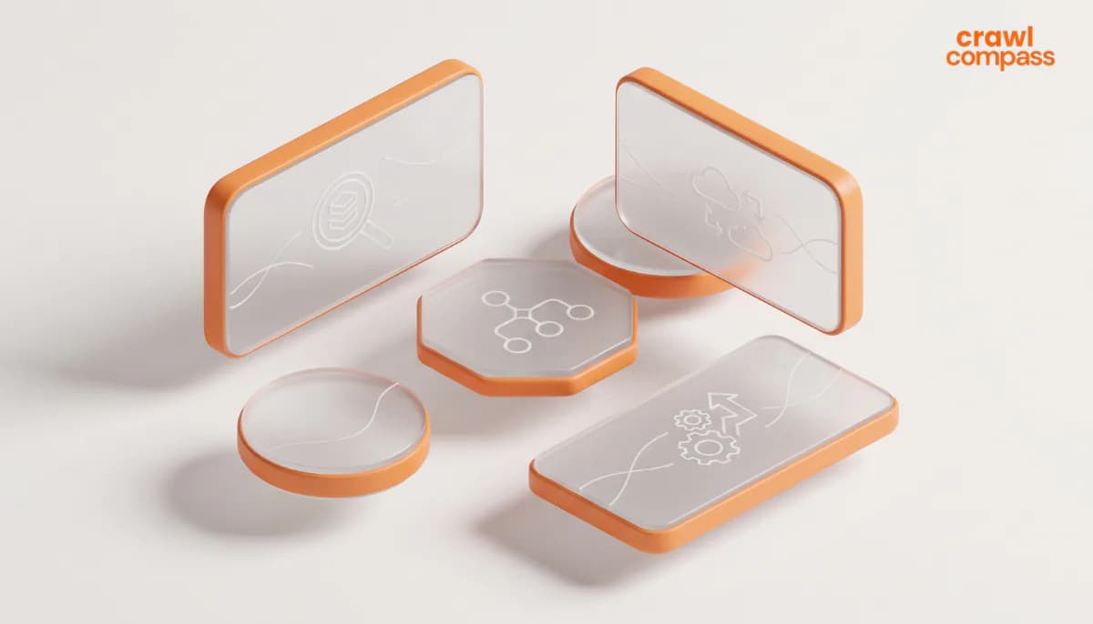 A 3D isometric graphic featuring a collection of floating frosted glass shapes with thick orange frames set against a light background.