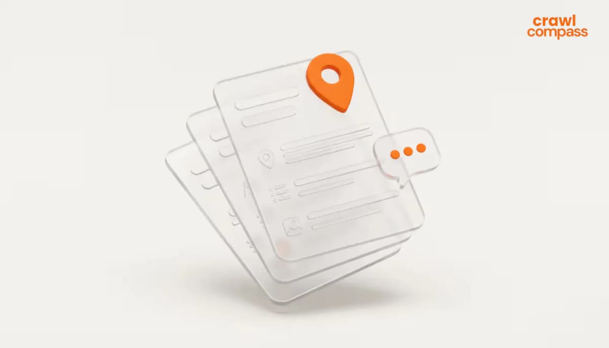 3D illustration of stacked transparent glass documents with an orange location pin and a chat speech bubble.