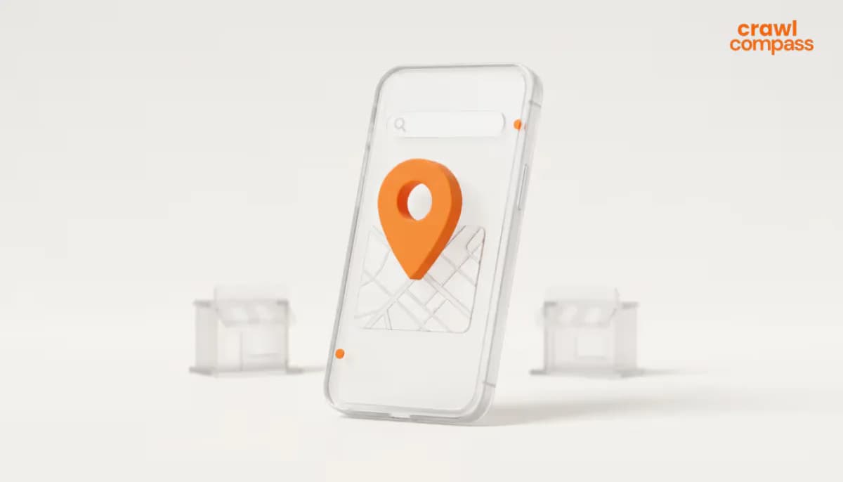 3D illustration of a transparent glass smartphone displaying an orange location pin on a map, flanked by blurred miniature storefronts, with the Crawl Compass logo in the top right
