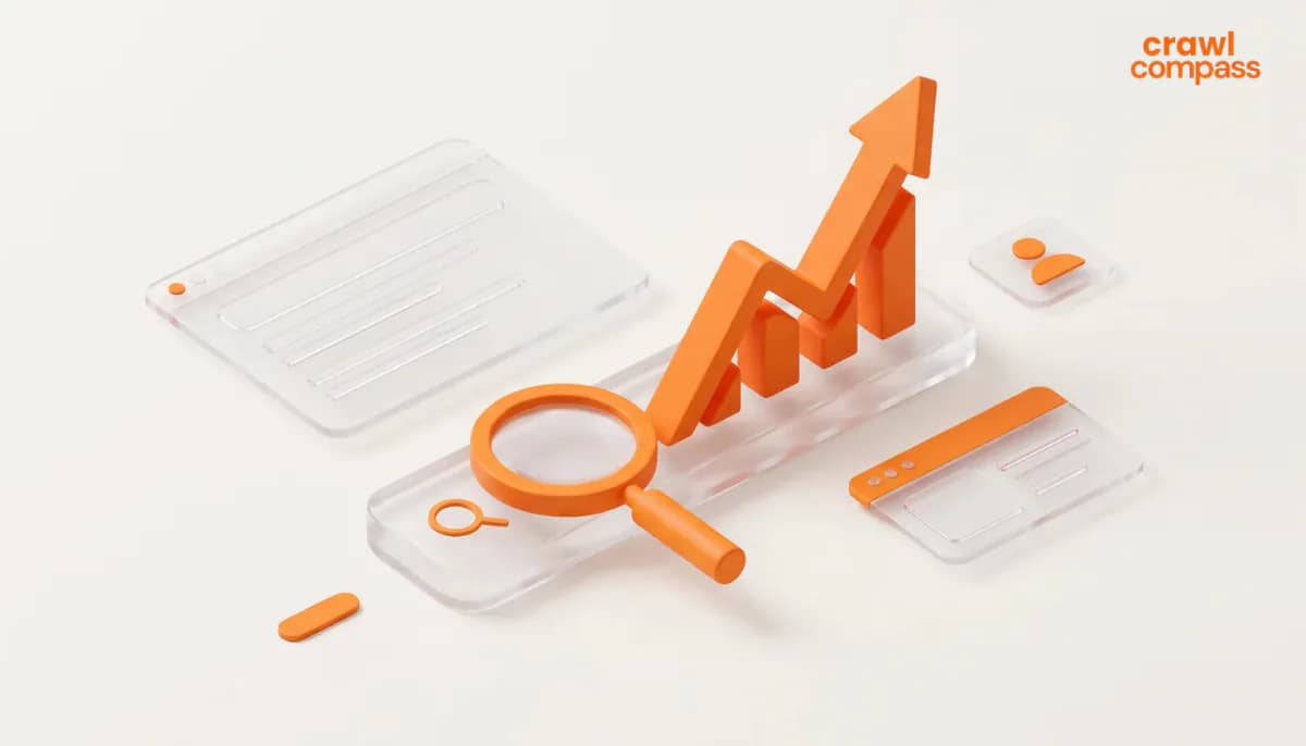 3D illustration of a solid orange magnifying glass and a rising trend bar chart on a glass base, surrounded by frosted UI windows and the Crawl Compass logo.