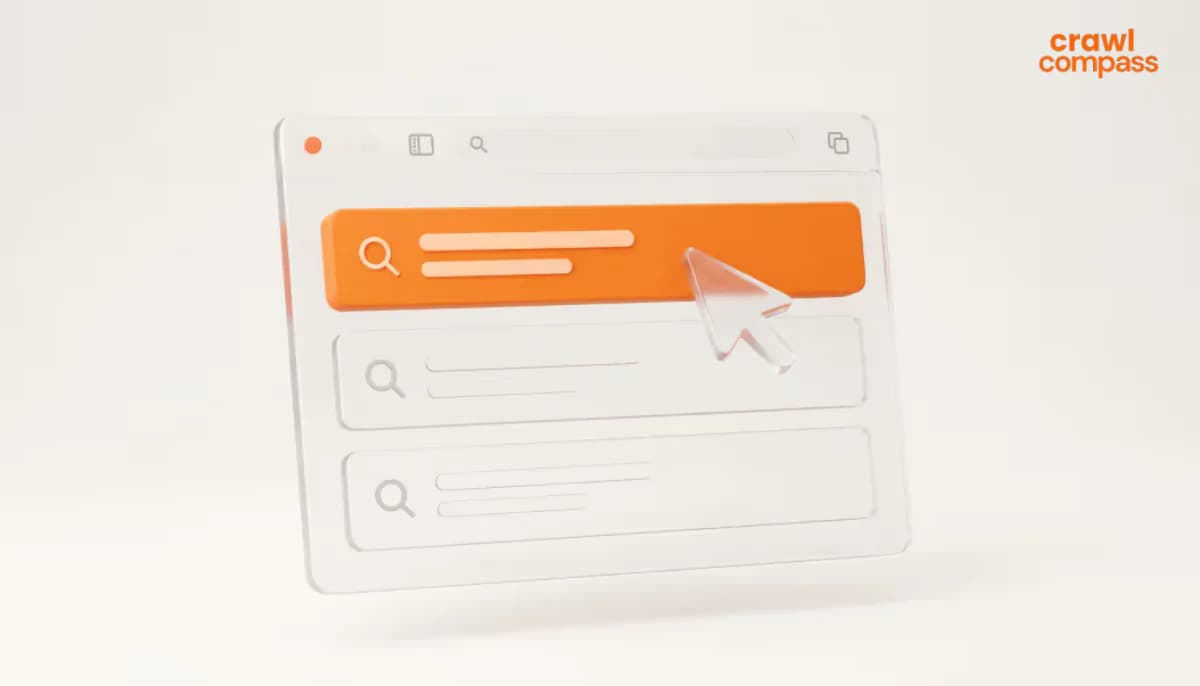3D illustration of a transparent glass browser window with a highlighted orange search result bar being clicked by a glass cursor arrow