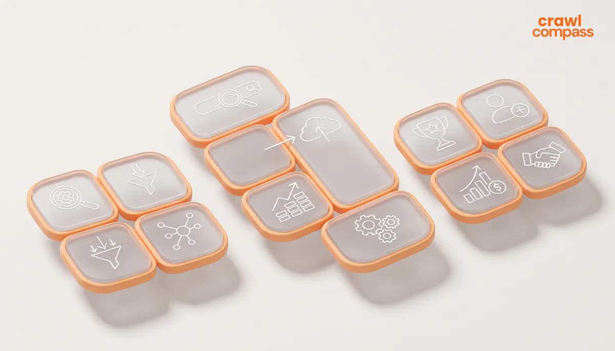 A 3D isometric graphic displaying a collection of rounded rectangular tiles resting on a light background.