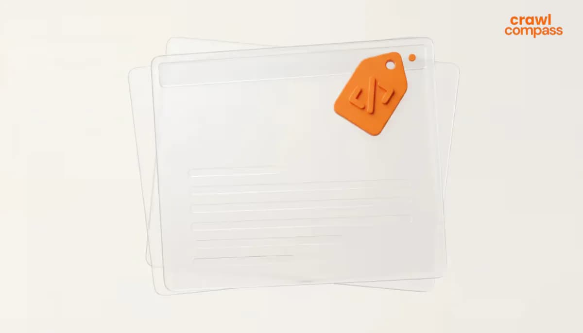3D illustration of transparent glass webpage cards with an orange HTML code tag attached to the top right corner.