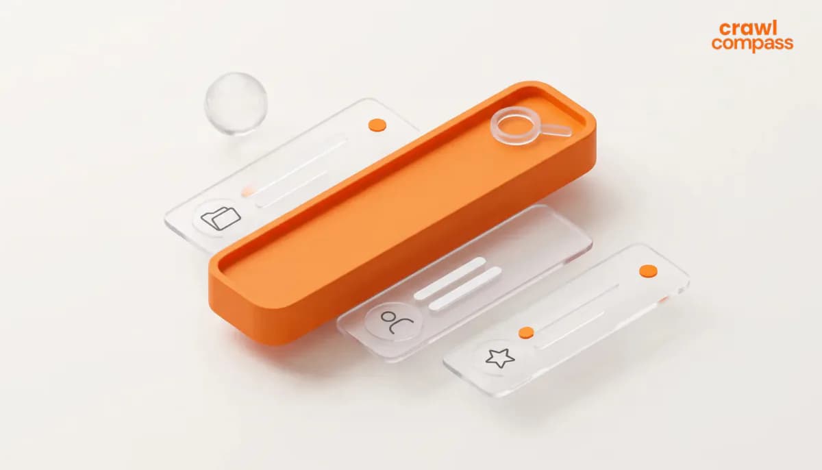 3D illustration of an orange search bar container surrounded by floating transparent glass UI cards with icons