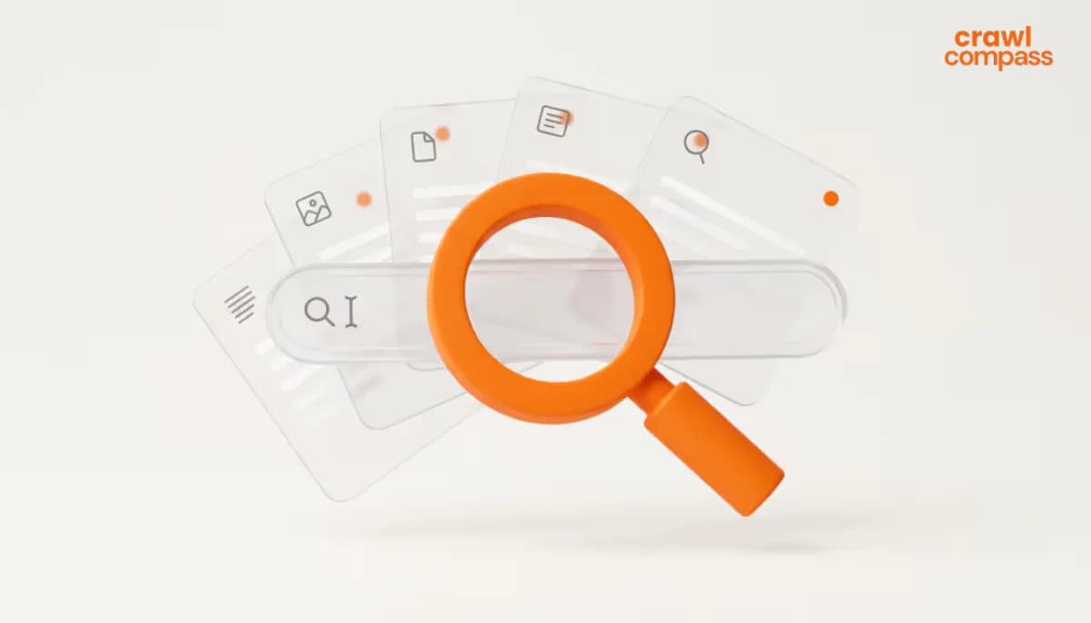 3D illustration of a orange magnifying glass positioned over a transparent search bar and fan-shaped glass document cards