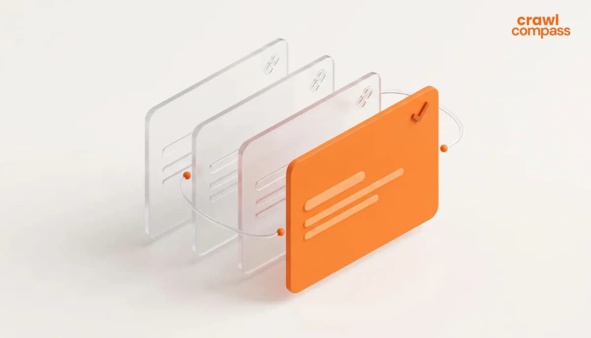 3D graphic of frosted glass duplicate webpage cards canonicalized to a solid orange main URL card.