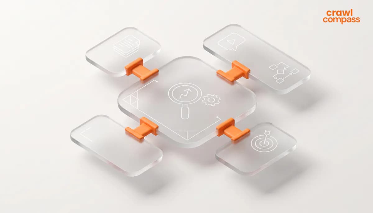 3D illustration of a central glass panel connected by orange brackets to four outer tiles with SEO icons, featuring the Crawl Compass logo.